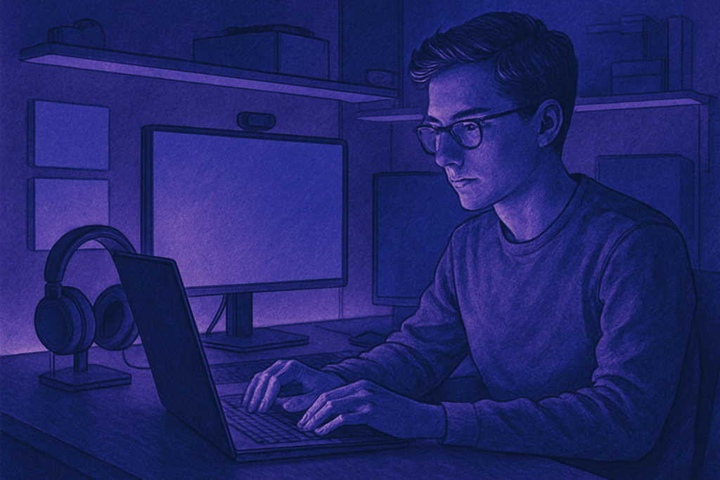 Joven sentado frente al portátil, ambiente setup y tonos morados y azulados realizando una creación de contenido digital